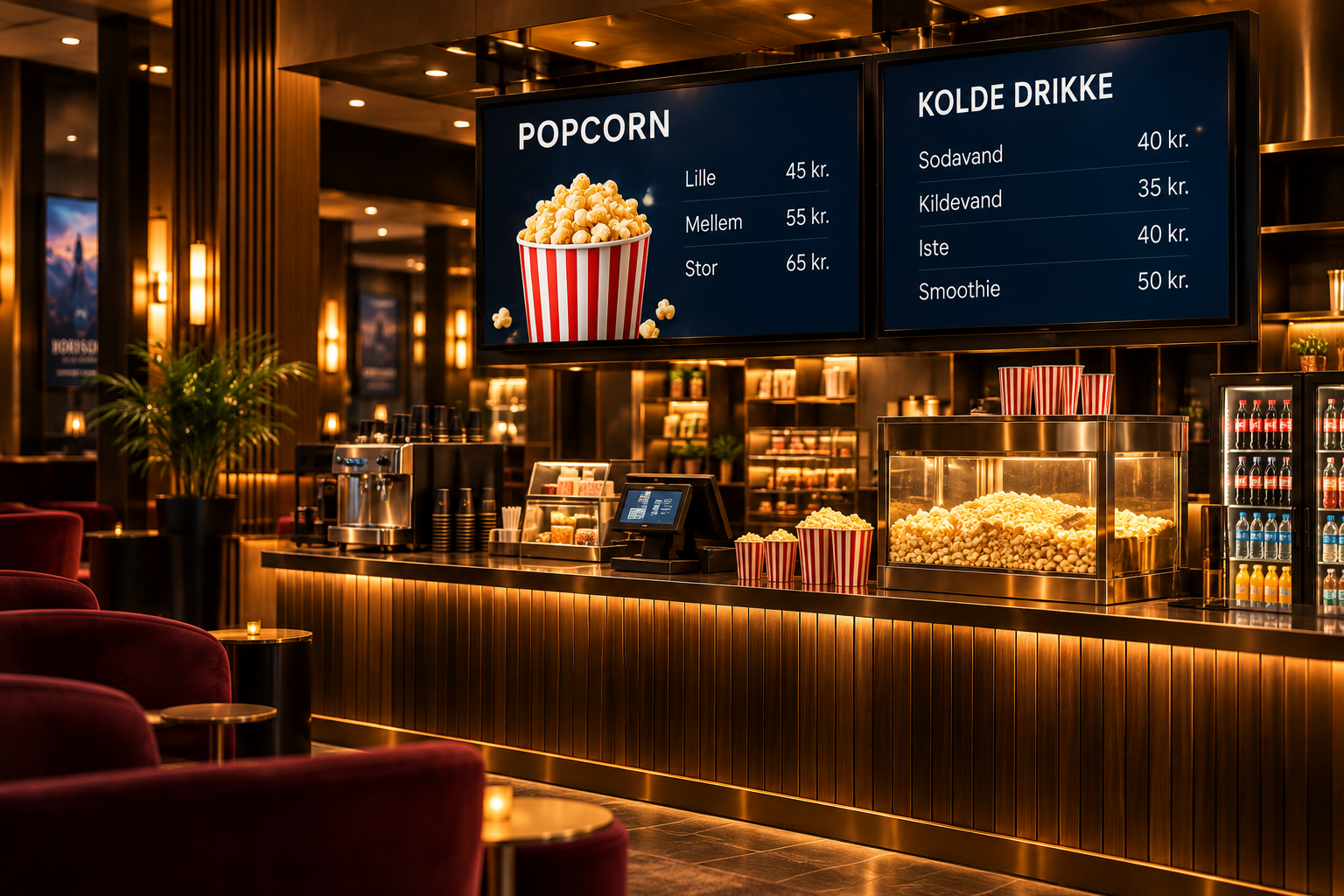 Digital menu med popcorn og kolde drikke over biografens kiosk